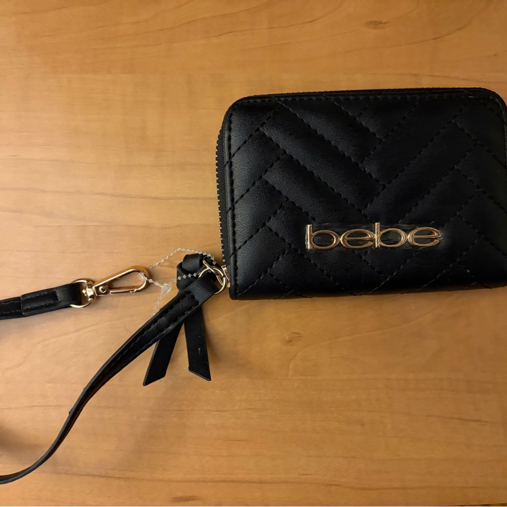 Bebe Black Quilted Wristlet with Gold Logo